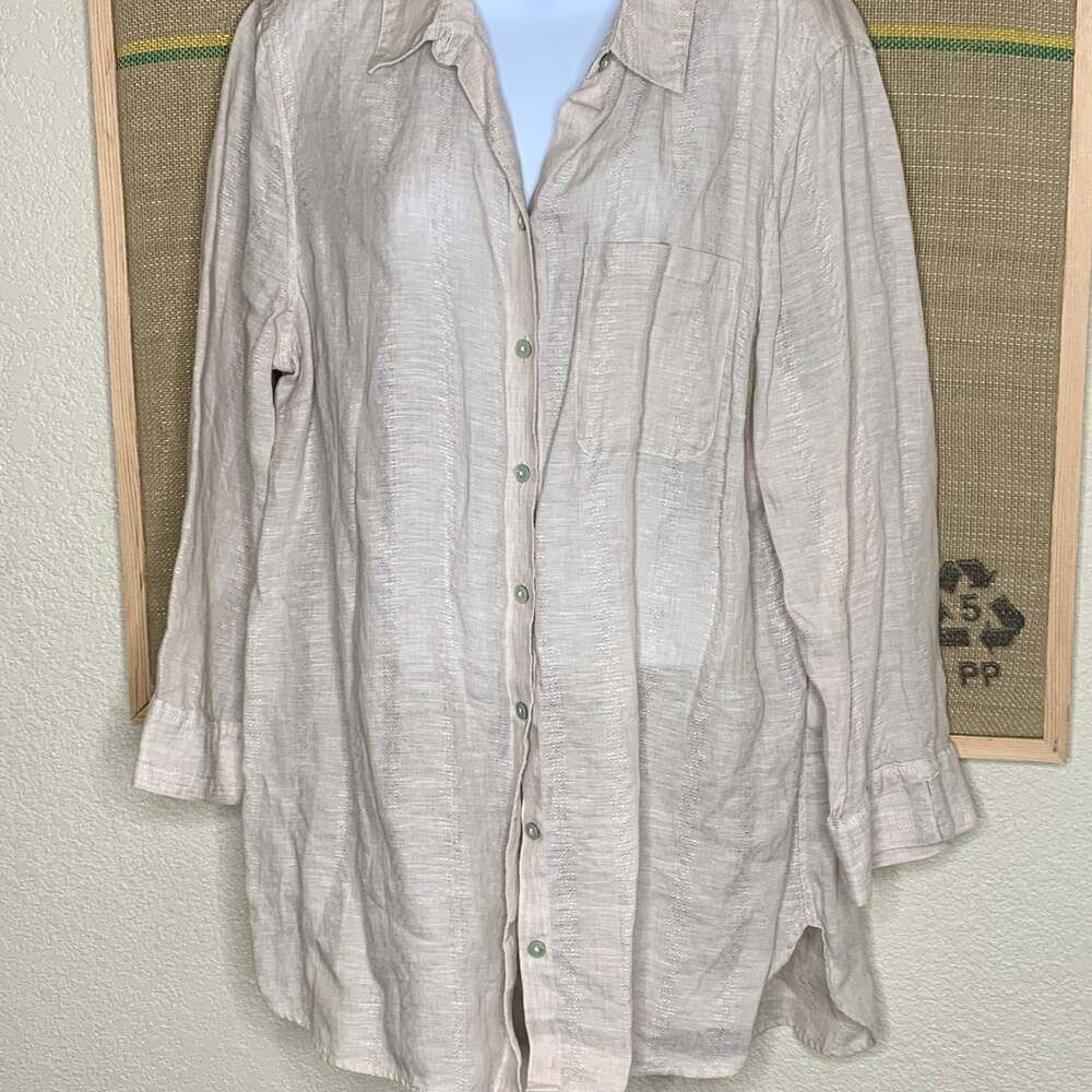 Chico's 100% Linen Tan Beige Embroidered Texture Long Sleeve Button Down Tunic S